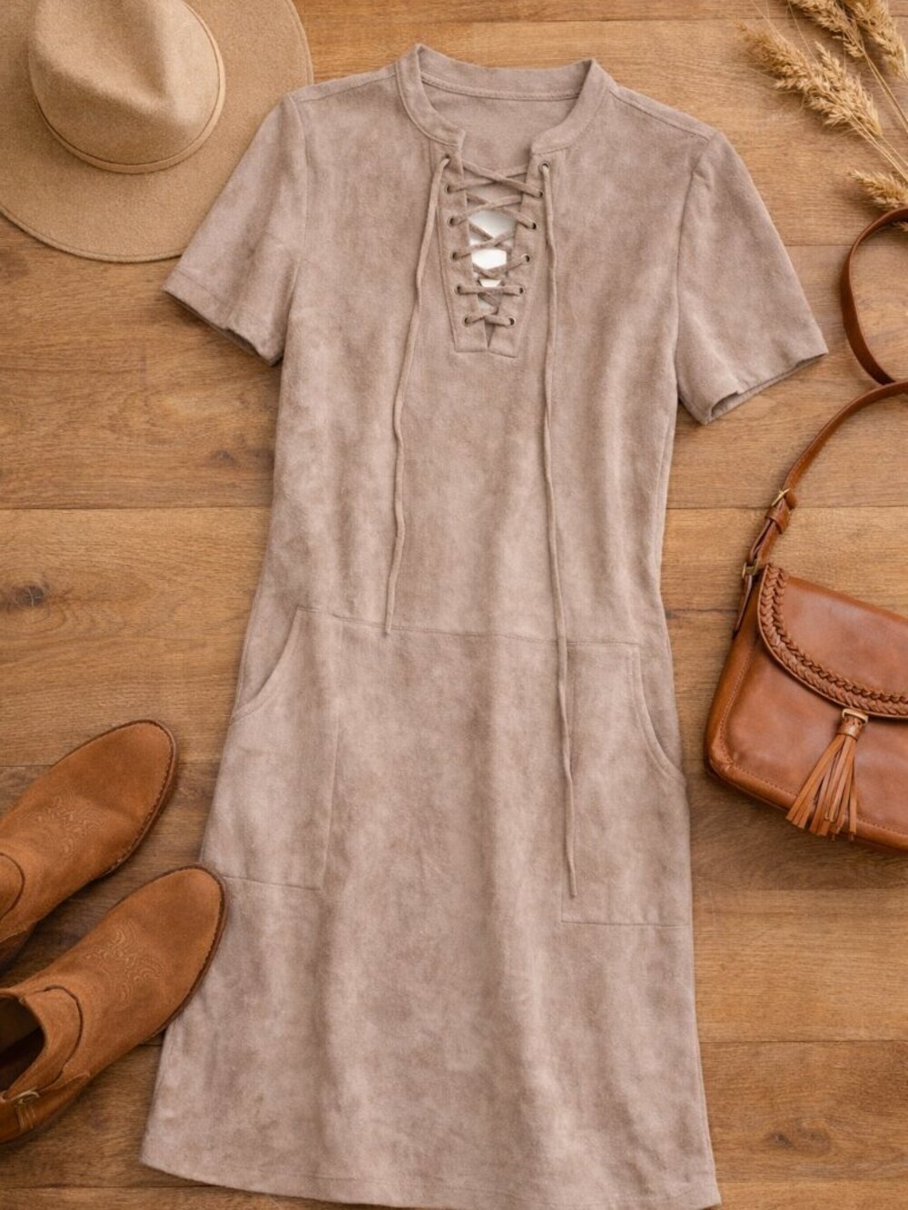 Paper Crane Faux Suede Dress M Lace Up Neutral Western Boho Shift